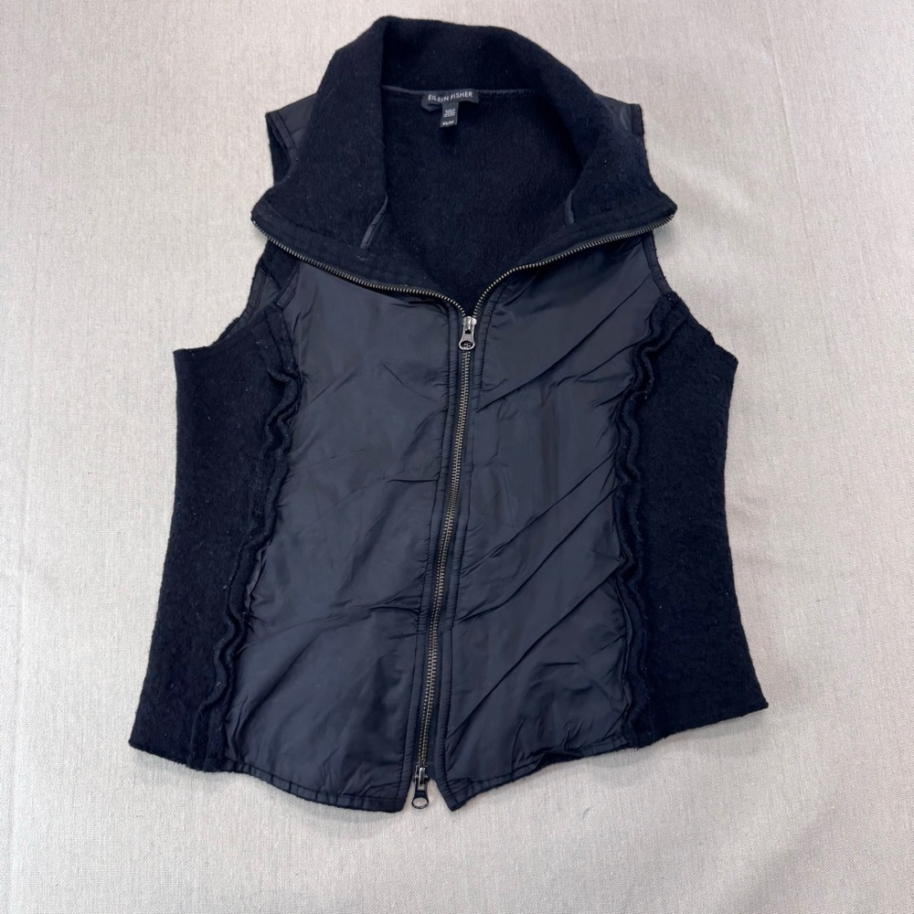 Eileen Fisher Womens Black Boiled Wool Knit Park Trim Zip Vest Sz Petite XS